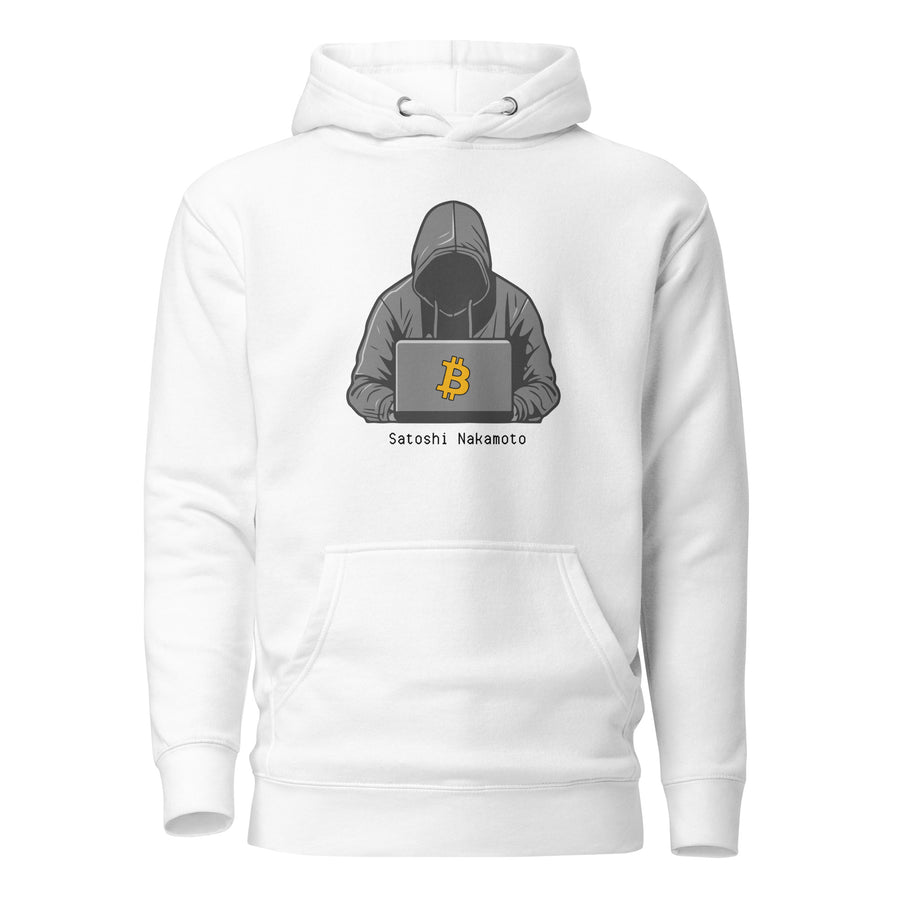 Hooded Satoshi Crypto Pullover Hoodie - front view with hooded Satoshi graphic