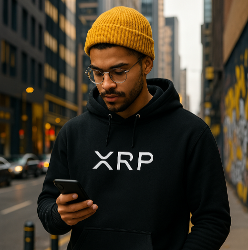 Man wearing a black hoodie with 'XRP' logo, yellow beanie, and glasses, standing on a city street.