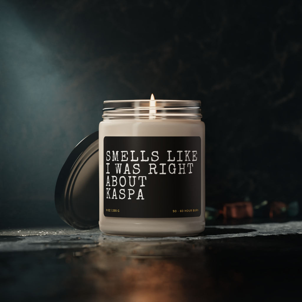 Right About Kaspa KAS crypto candle - lifestyle styled display