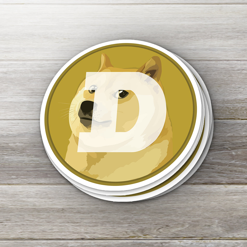 Dogecoin DOGE crypto sticker - detail view on white background