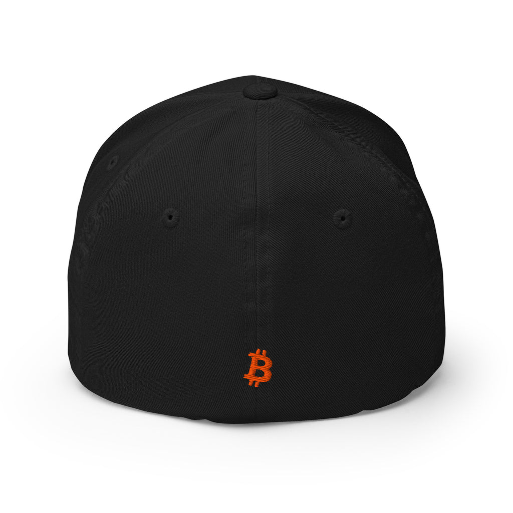 Embroidered Orange Bitcoin Logo FlexFit Dad Hat - white back view
