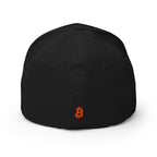 Embroidered Orange Bitcoin Logo FlexFit Dad Hat - white back view