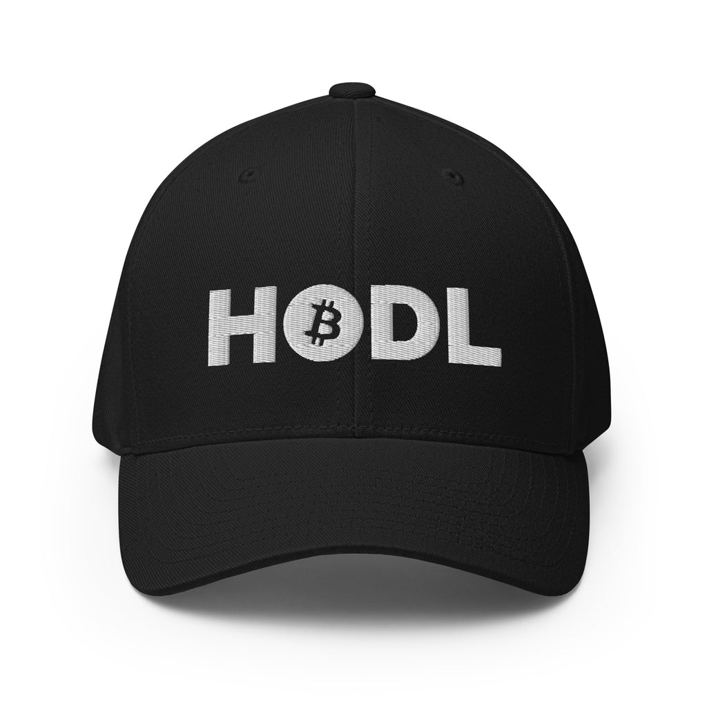 Embroidered HODL Bitcoin FlexFit Dad Hat - white right front BTC