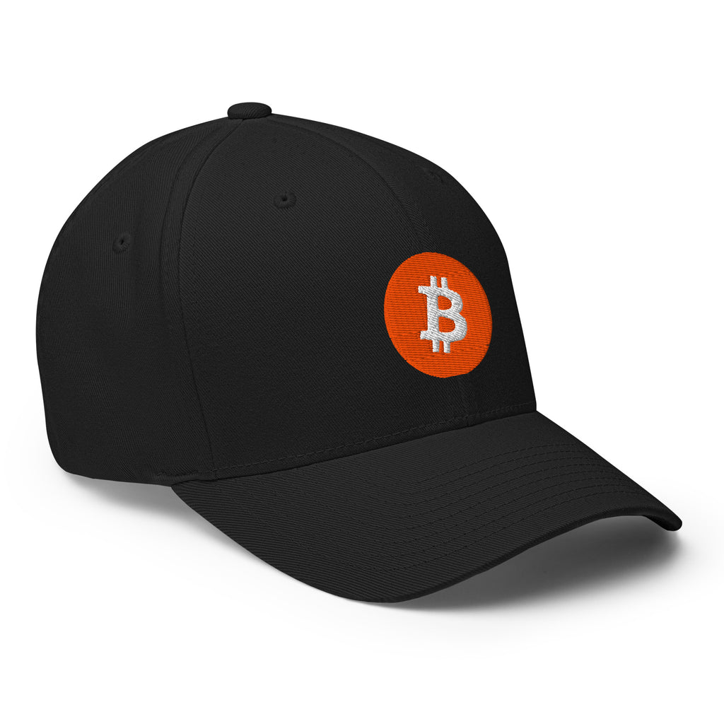 Embroidered Bitcoin FlexFit Dad Hat - black right front view