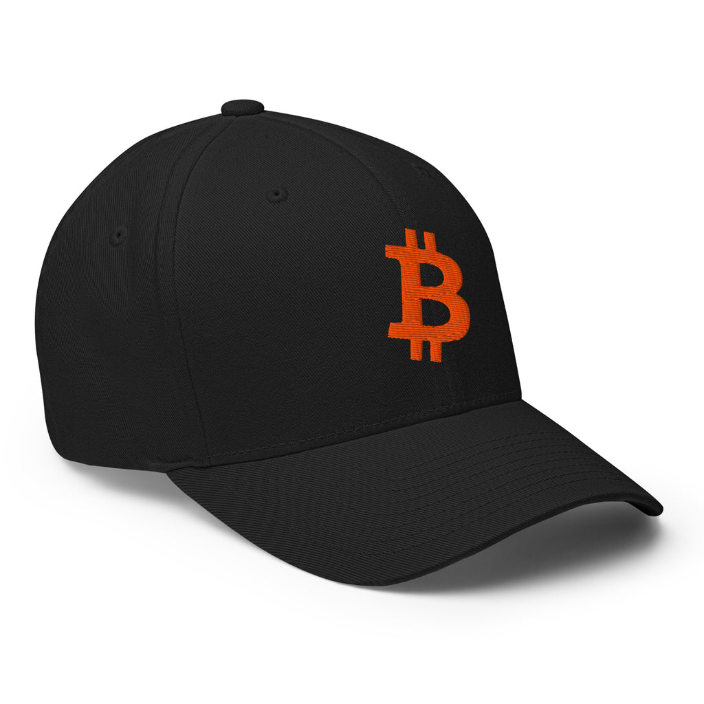 Embroidered Orange Bitcoin Logo FlexFit Dad Hat - white right front