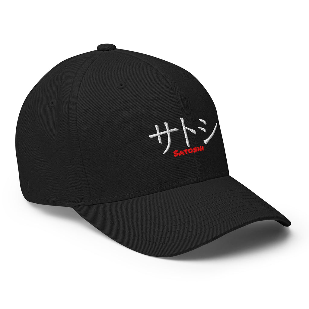 Embroidered Satoshi Katakana FlexFit Dad Hat - black right front