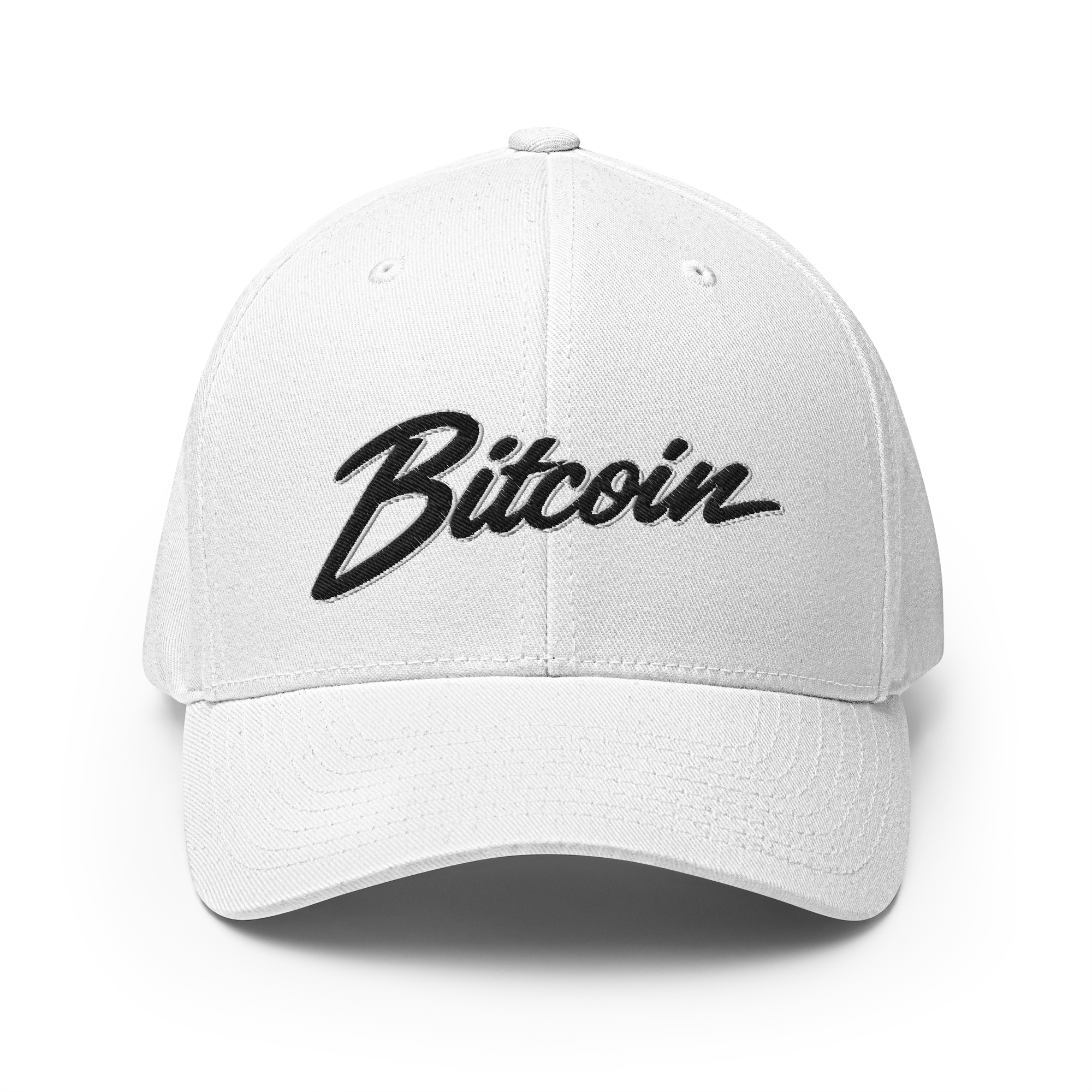 The Satoshi Crypto Flexfit Hat - white front view