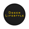 Embroidered Degen Lifestyle Crypto Patch Black - circular 3 inch front view