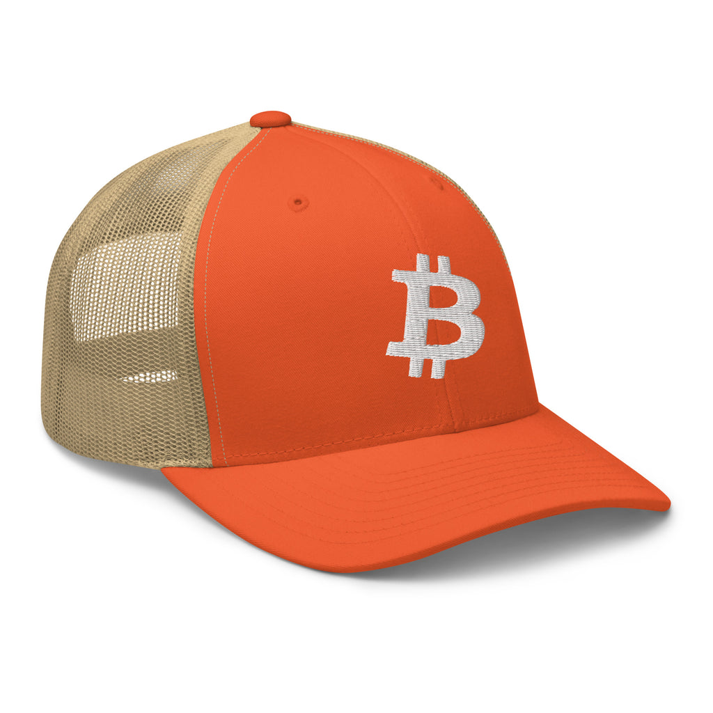 Embroidered Bitcoin Trucker Hat - black front panel BTC logo