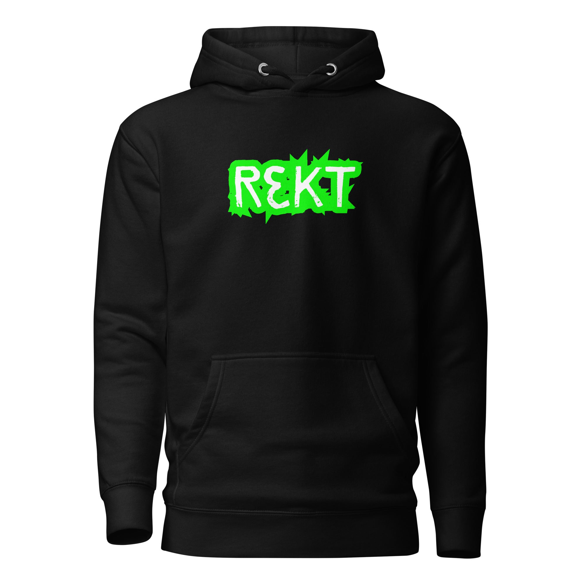 REKT Cotton Pullover Hoodie - front view with REKT crypto graphic
