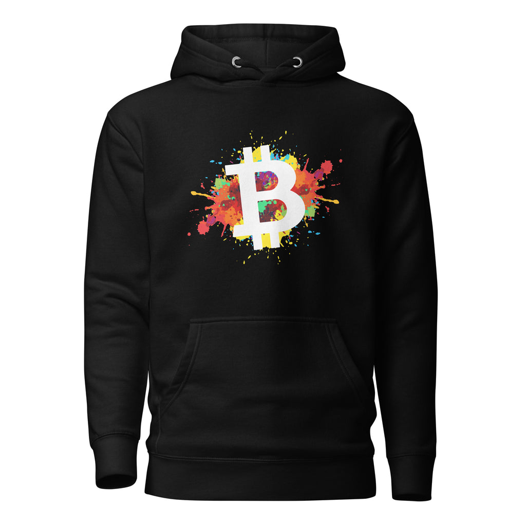 Bitcoin Splat Crypto Pullover Hoodie - front view with BTC splat graphic