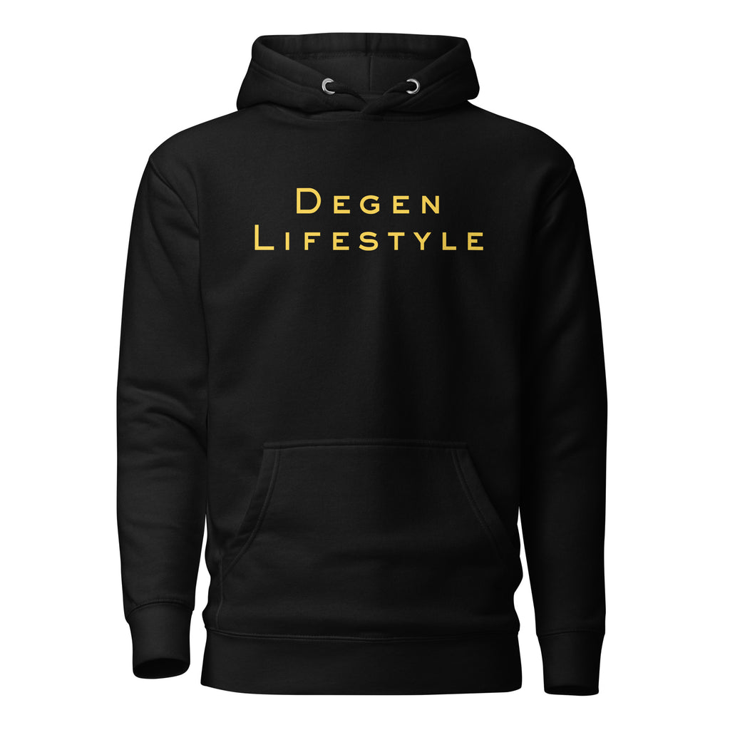 Degen Lifestyle Crypto Pullover Hoodie - front view with degen graphic