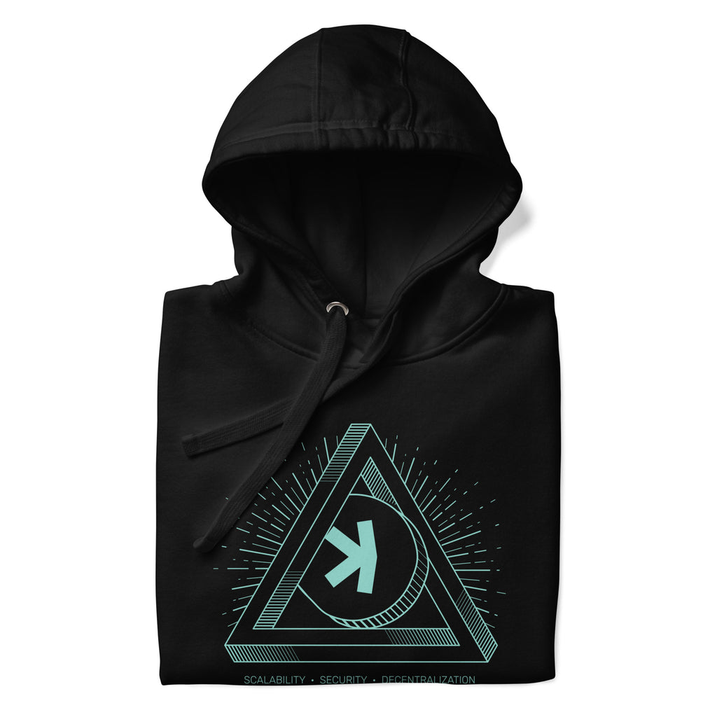 Kaspa KAS Trilema Solved crypto hoodie - lifestyle worn view