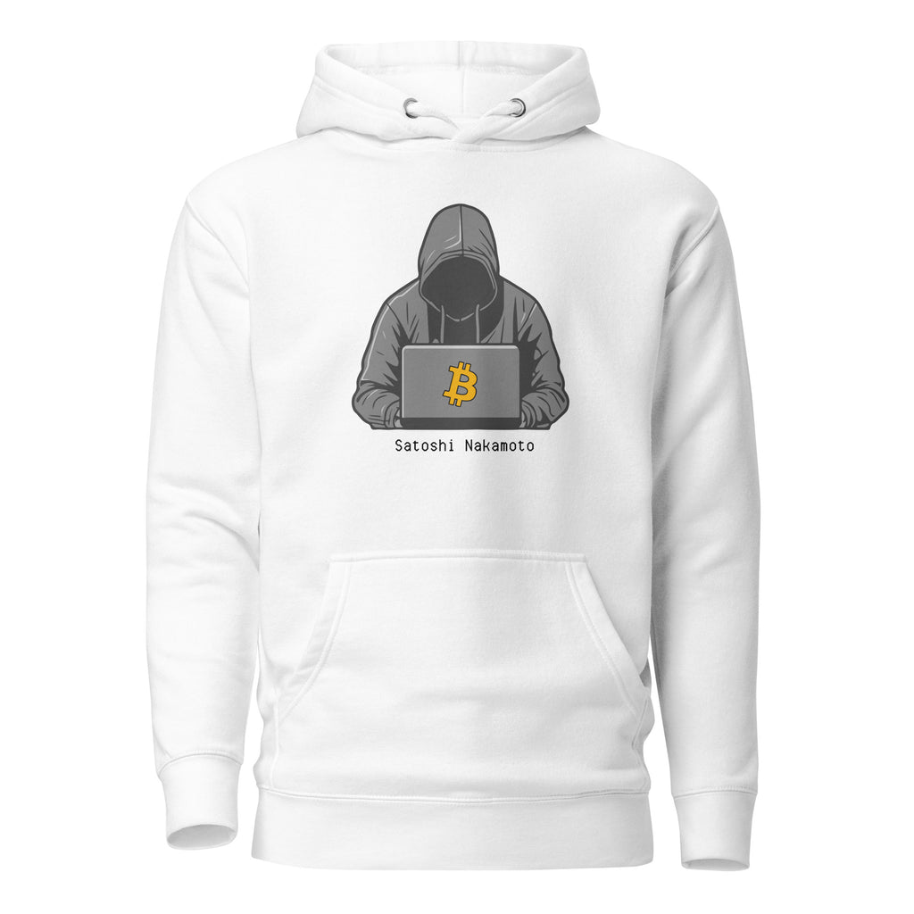 Hooded Satoshi Crypto Pullover Hoodie - front view with hooded Satoshi graphic