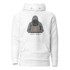 Hooded Satoshi Crypto Pullover Hoodie - front view with hooded Satoshi graphic