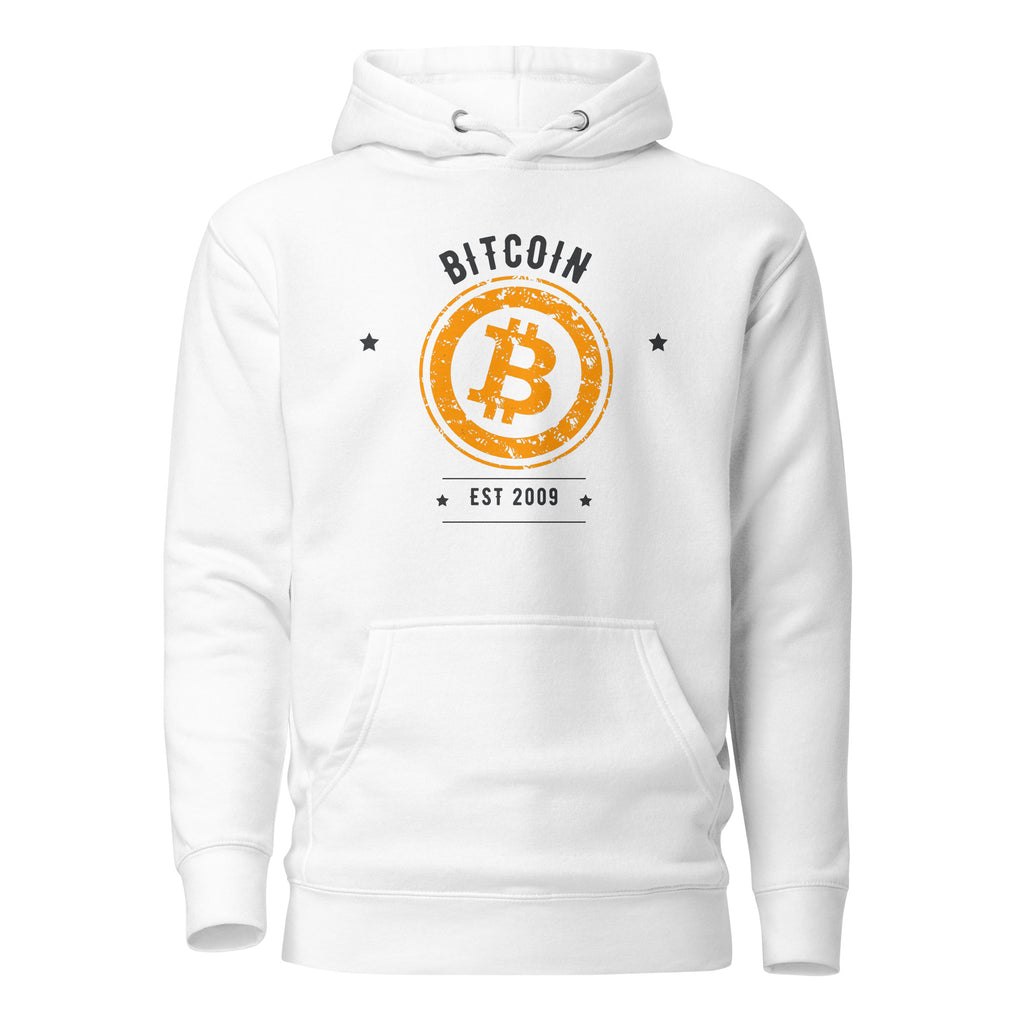 Bitcoin Est. 2009 Crypto Pullover Hoodie - front view with BTC established graphic