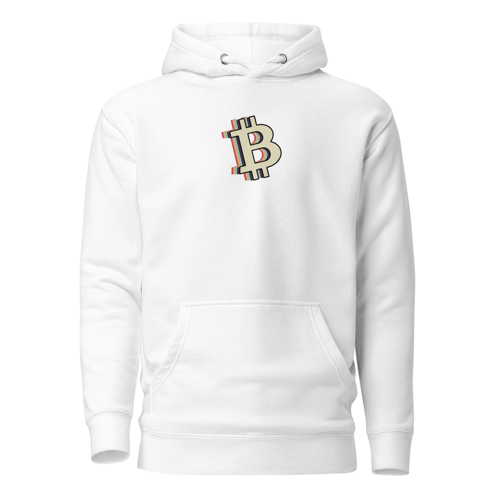 Retro Bitcoin B Logo Crypto Pullover Hoodie - front view with retro BTC B graphic