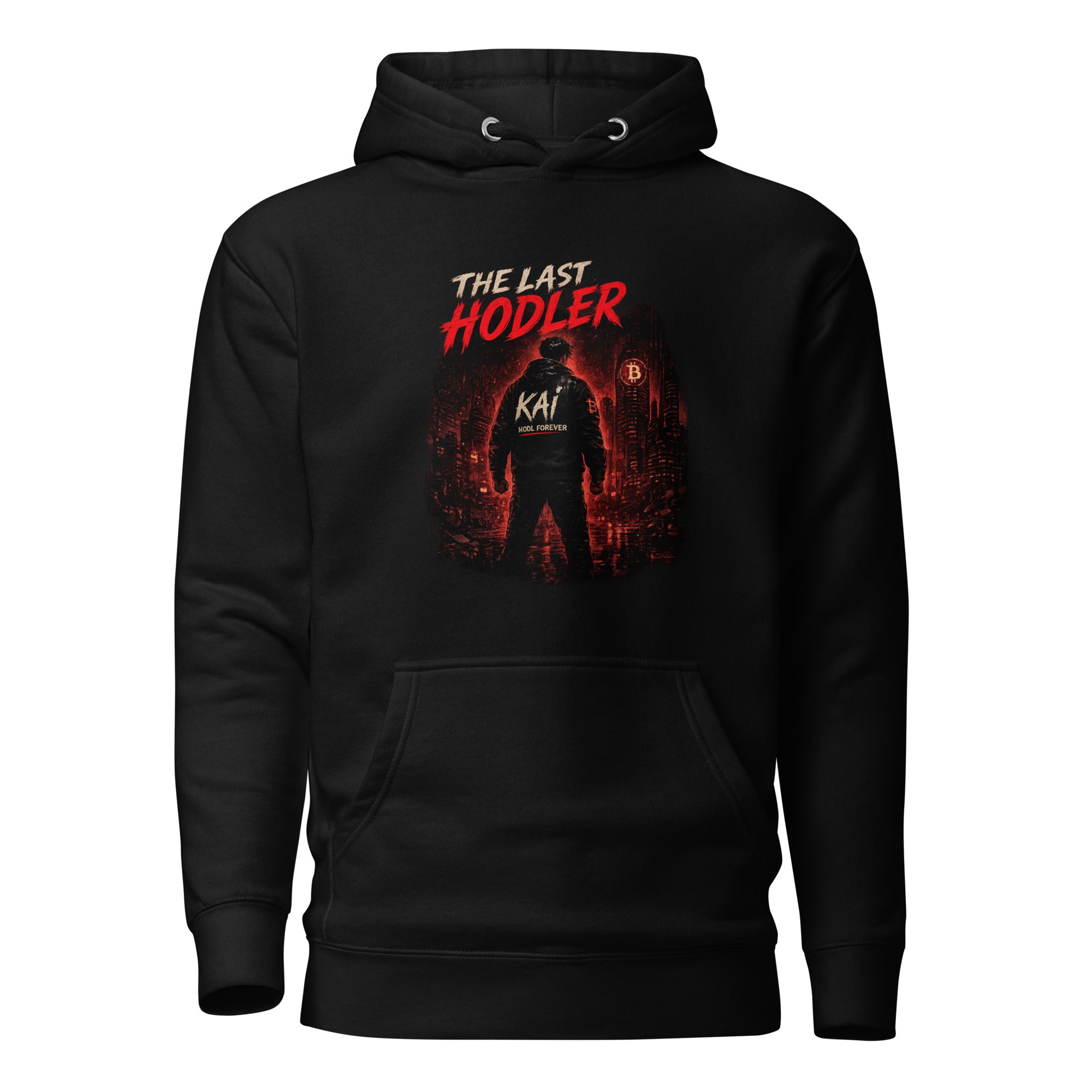 The Last HODLer Cyberpunk Crypto Graphic Hoodie - front view black