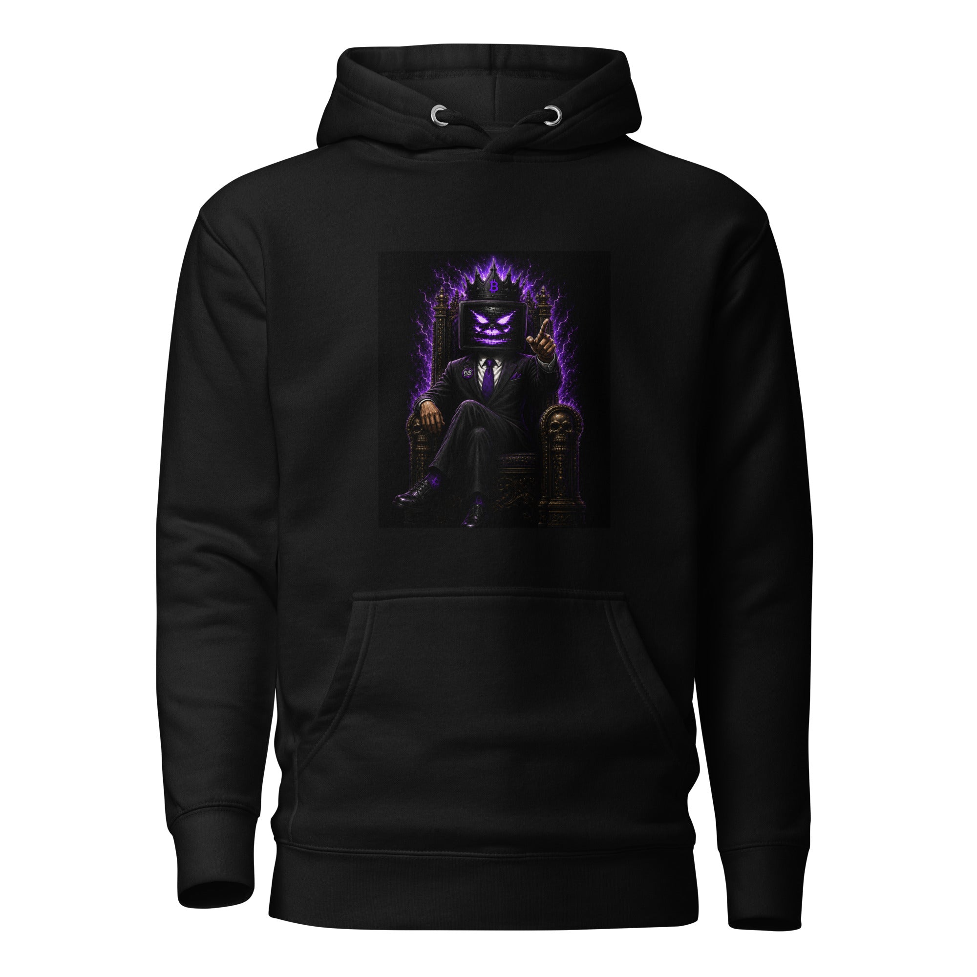 The Fud King Throne Crypto Graphic Hoodie - front view black