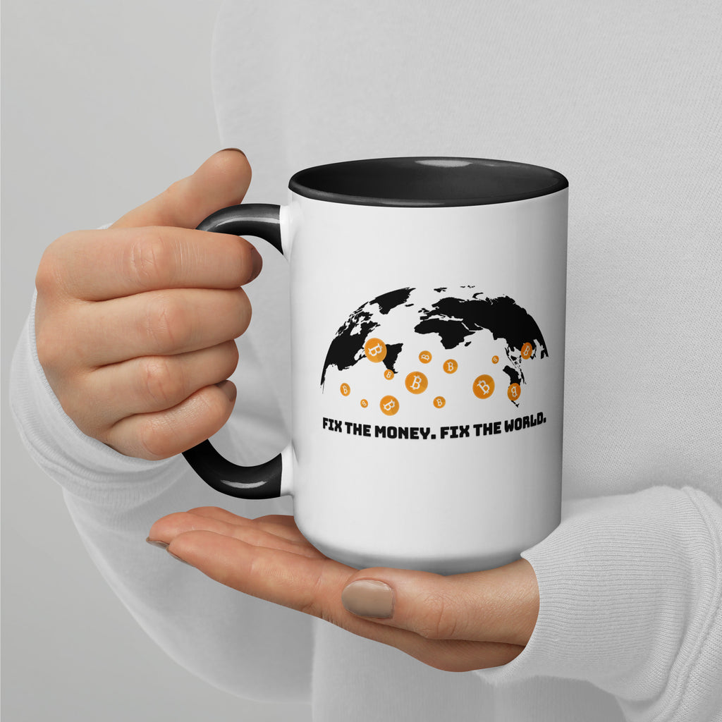 Fix The Money Fix The World Bitcoin crypto mug - left side view